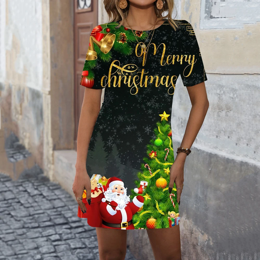 Damska sukienka z krótkim rękawem 3D Santa Claus Print Dress Fashion Cute Woman Clothes Autumn Winter Casual Christmas Party Mini Dresses