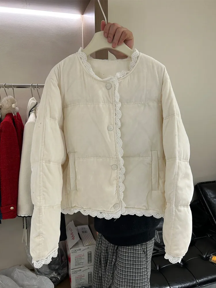 

Корейское зимнее модное пальто-куртка из белого хлопка с кружевной отделкой и круглым вырезом для женщин