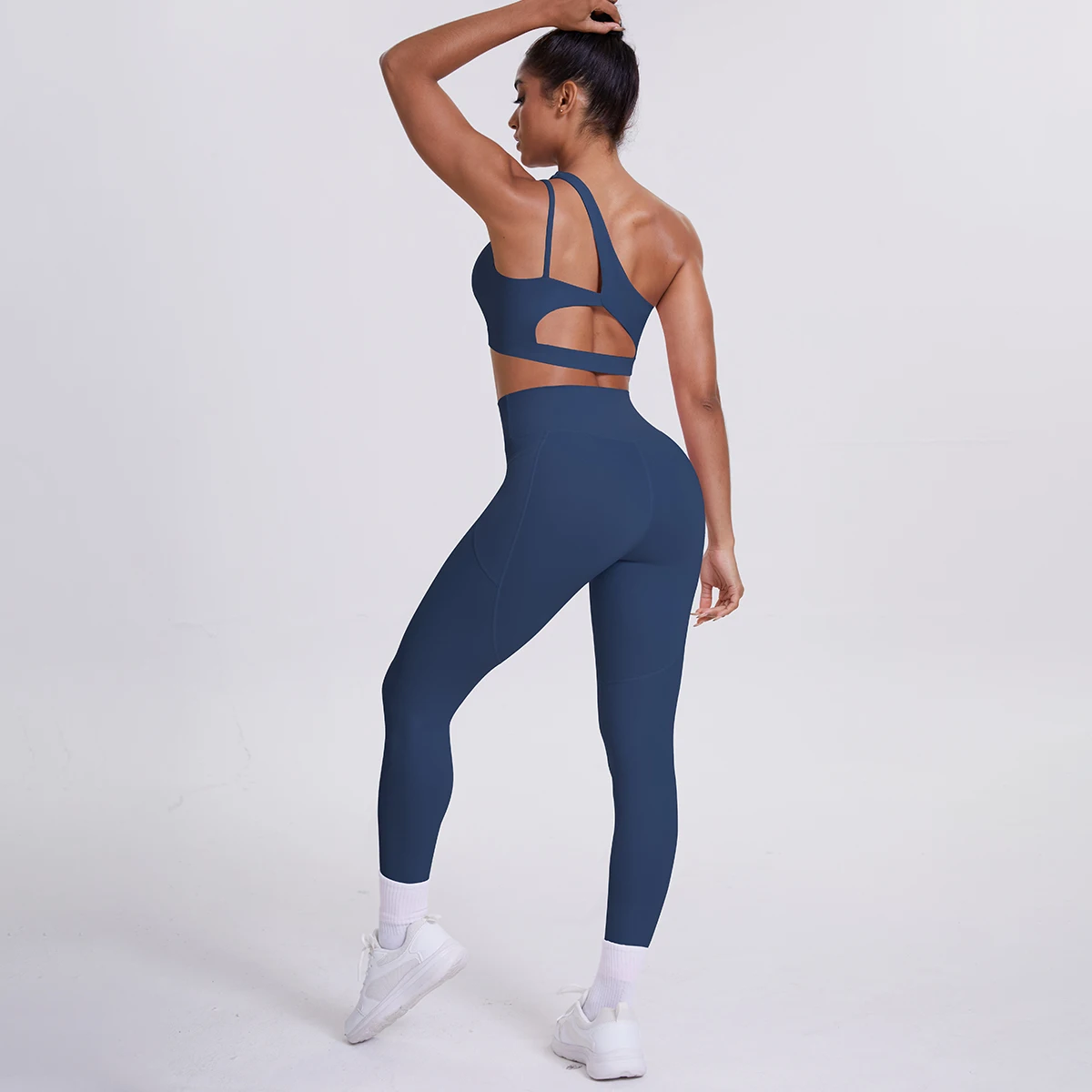 2-teiliges einfarbiges Sport-Yoga-Set für Damen, sexy, schräger Schulter-BH, Fitness-Top, Laufen, Radfahren, Taschen, Hosen, Fitnessstudio, Yoga-Set – Detail 14