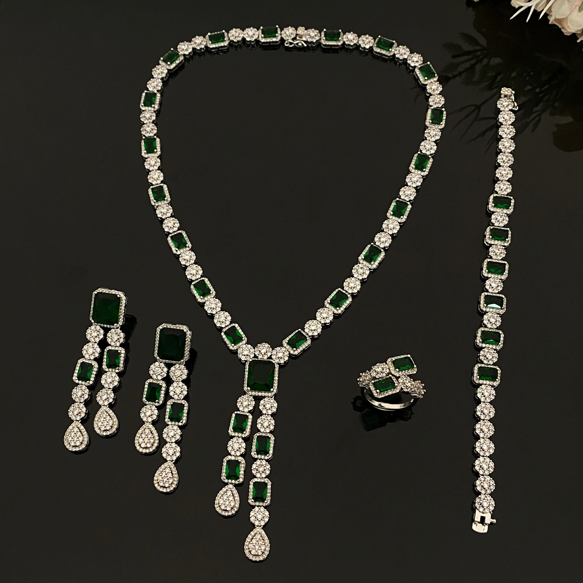 

JRH Fine Set Platinum Plated Geometric Cut Zircon Luxury 4Pc Copper Daily Ring Necklace Earrings Bracelet for Anniversaries