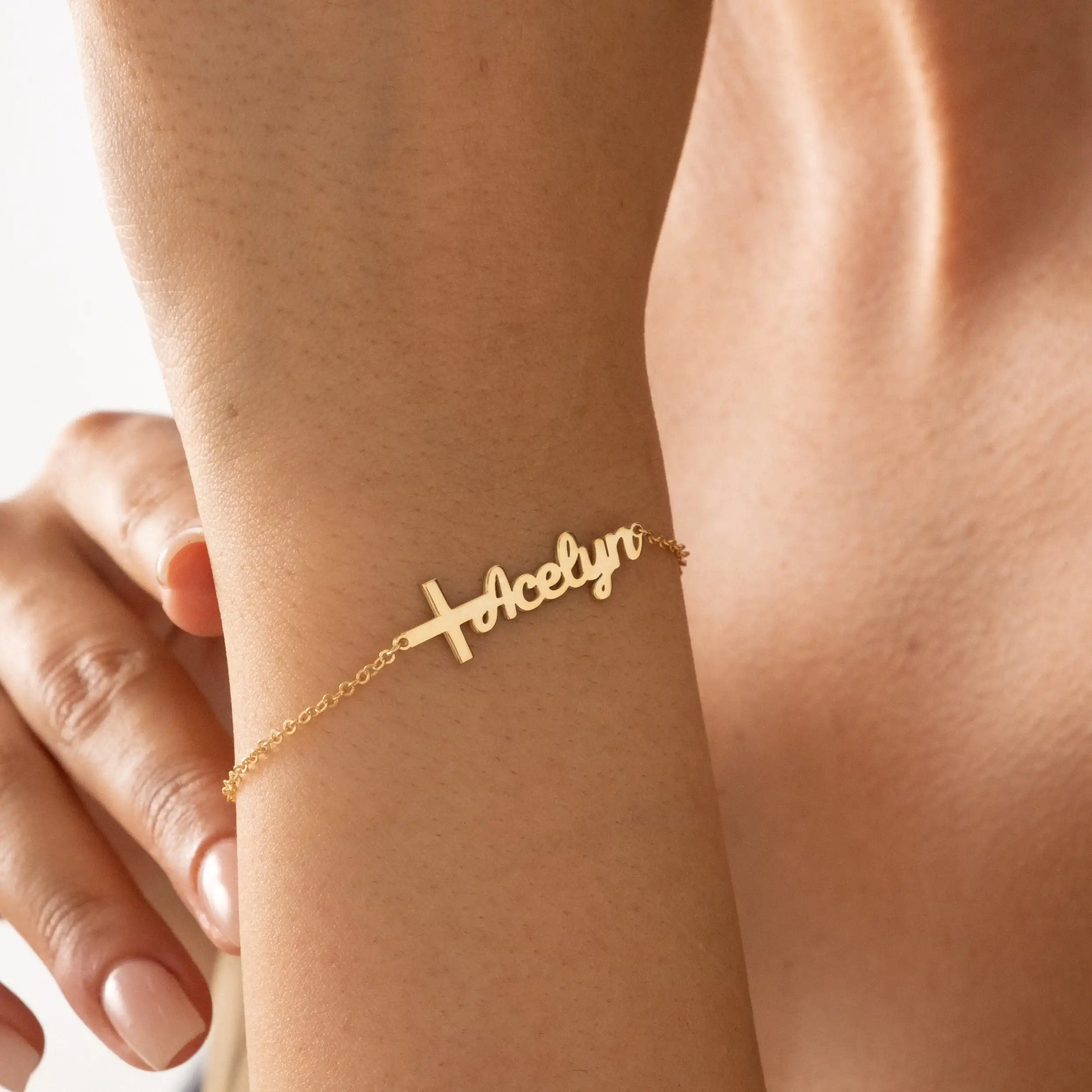 Custom Cross Name Bracelet Personalized Gold - Plated Jewelry With Cross And Name Design Unique Religious - Themed Bracelets