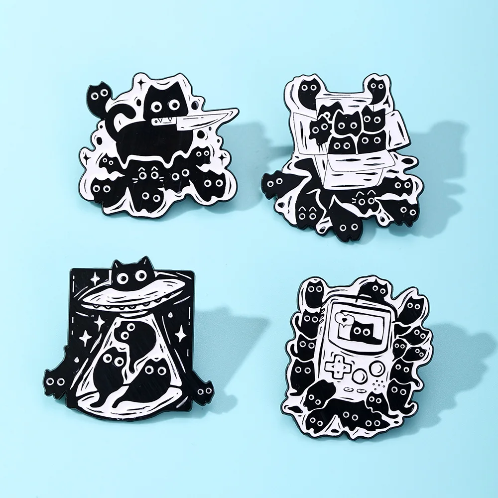 Cartoon Ghost Black Cat Enamel Brooch Animal Lapel Pin Box Spaceship Game Console Knife Cute Black Cat Metal Badge Jewelry Gift