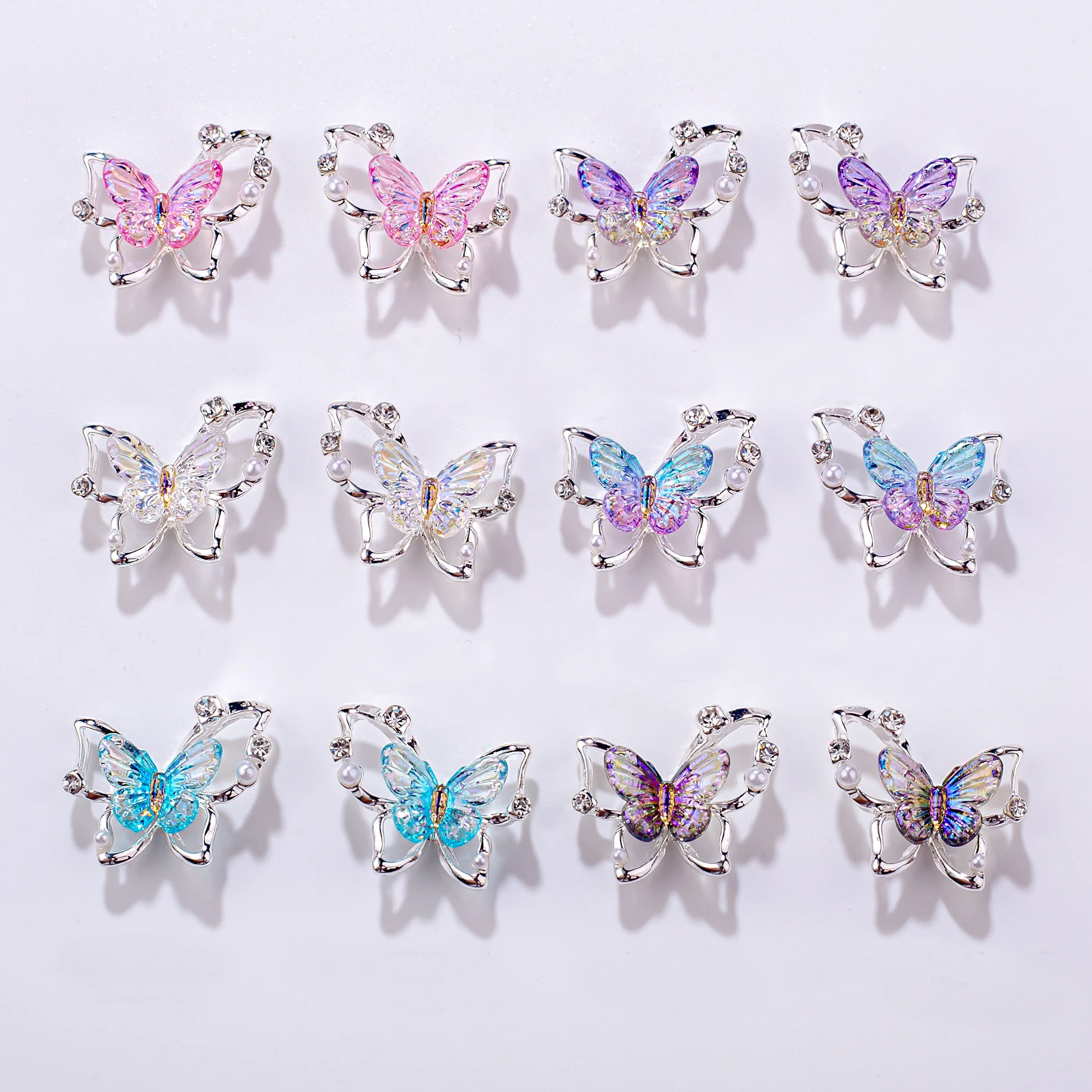 Abalorio de mariposa brillante para decoración de uñas, Gema de cristal hueco de aleación 3D, accesorios de estilo Kawaii, 5 piezas