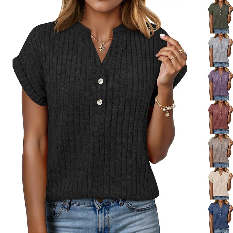 

Женские блузки, новинка 2026, летние уличные повседневные рубашки с короткими рукавами и v-образным вырезом на пуговицах, свободные однотонные трикотажные топы, женская одежда