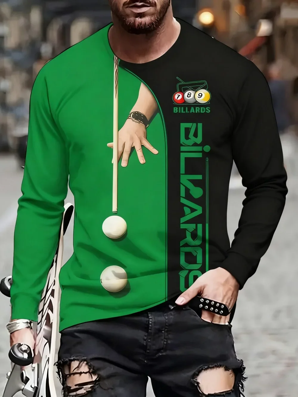Men Billiards Long Sleeve T‑Shirt Pool Cue Ball 3D Print Green Black Splicing Sports Casual Daily Autumn Tee Tops