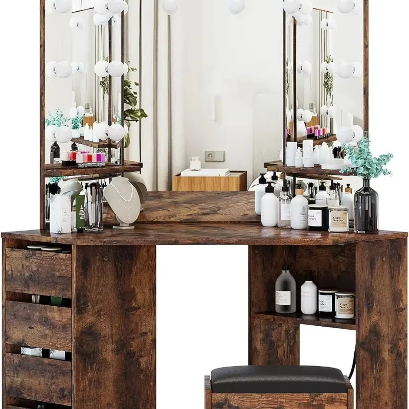 Solid Wood Panel Dresser With LED Light Mirror And Power Outlet Small Bedroom Makeup Desk Set With Storage Drawers