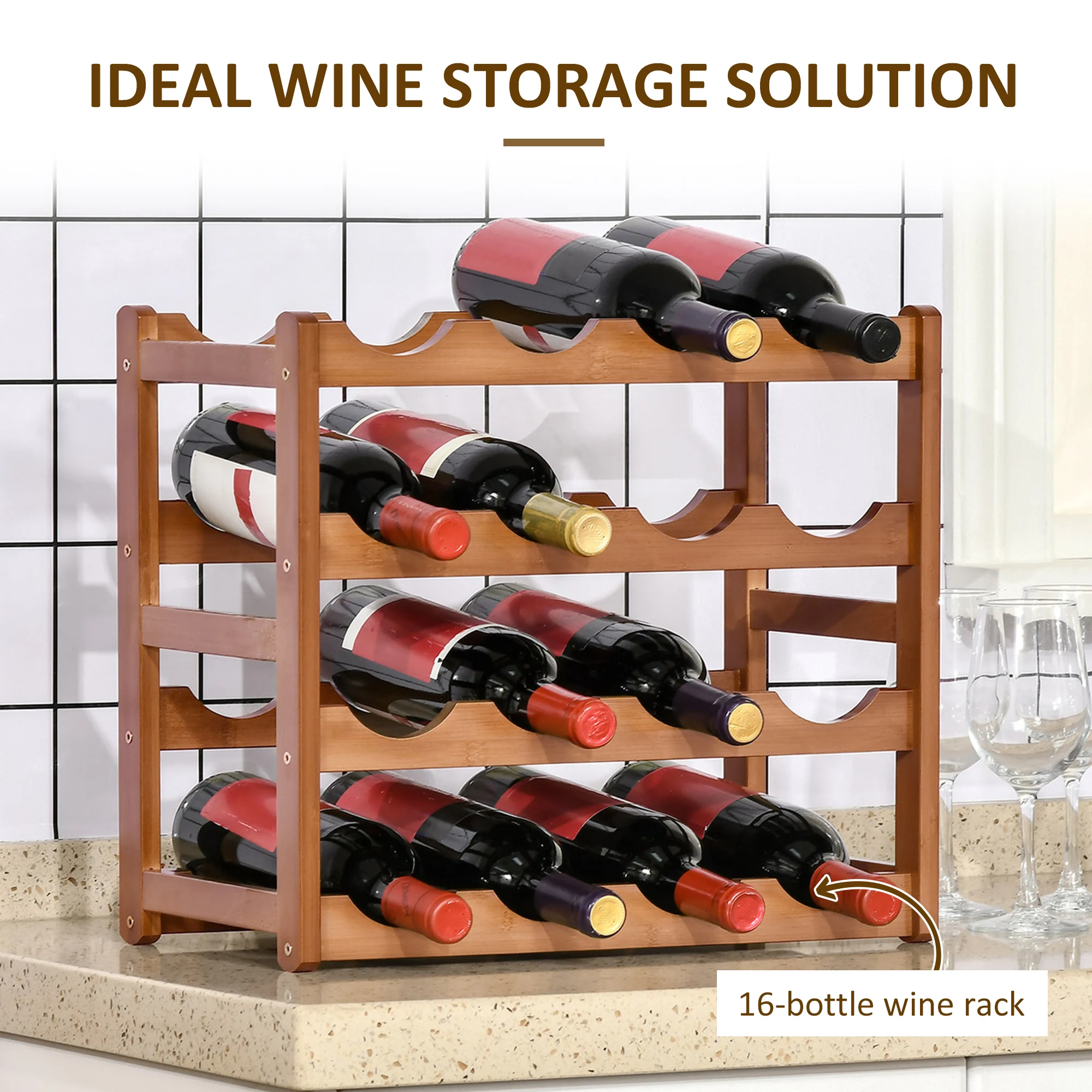 HOMCOM Free Standing Wine Rack 16 Bottle Holders, Bamboo Display Shelf, Brown