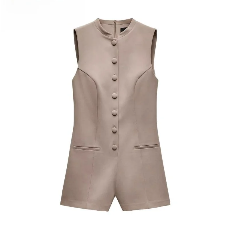 

Spring New Arrival Women's round Ne Svel Button Decorative Jumpsuit Casual orts High Waist Straight Leg ort Pants