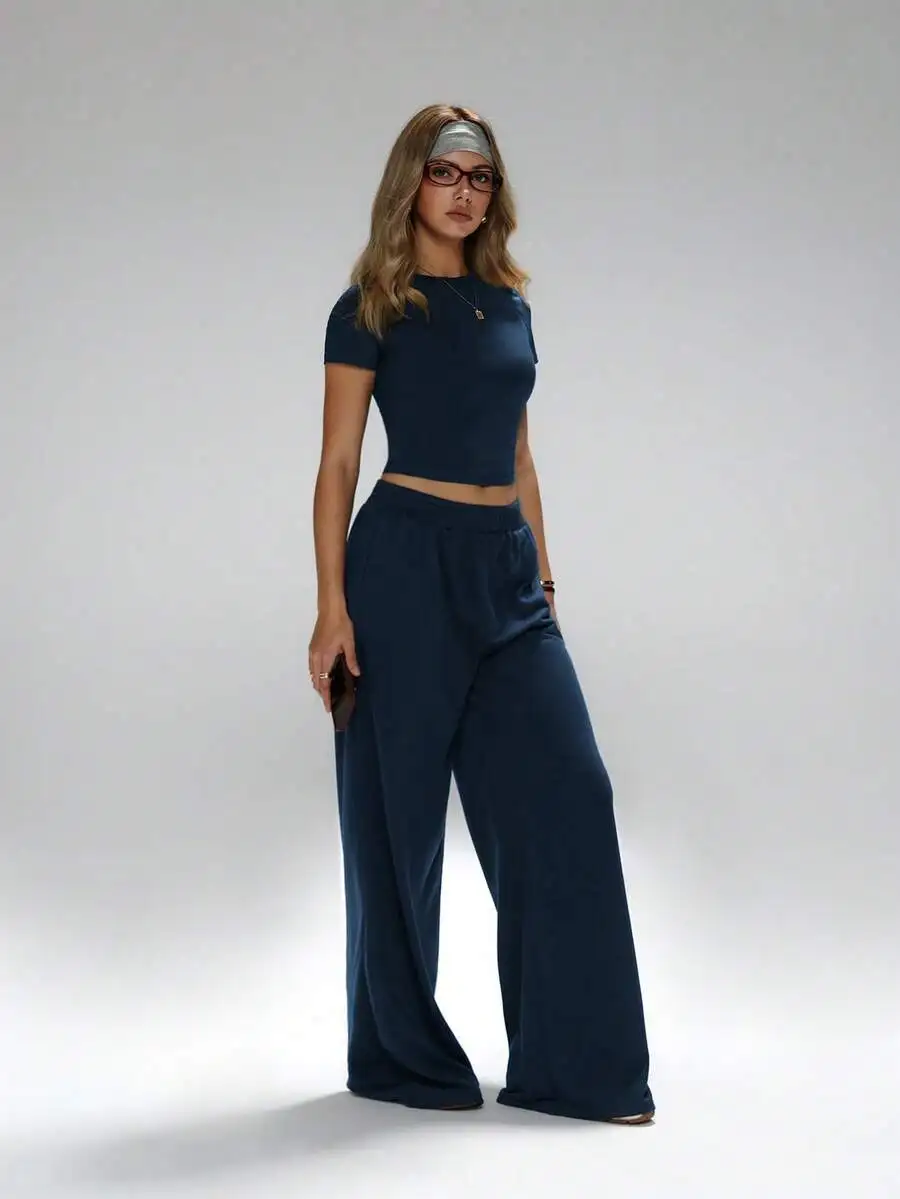 

Blue Crop Top And Wide Leg Pants Set Minimalist Activewear