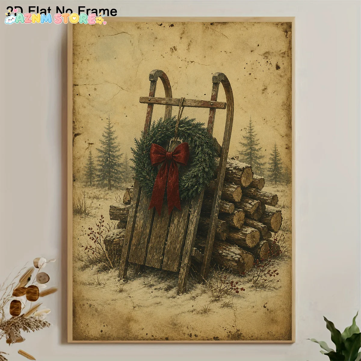 2027,2D Flat, Frameless Canvas Poster, Vintage Winter Sleigh with Christmas Wreath and Red Bow on Wood Logs, Wall Art Canvas