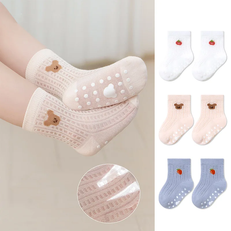 3Pair Summer Mesh Baby Floor Socks Anti-Slip Toddler First Walkers Thin Breathable Short Sock Cute Boy Girl Cotton Footwear 0-5Y