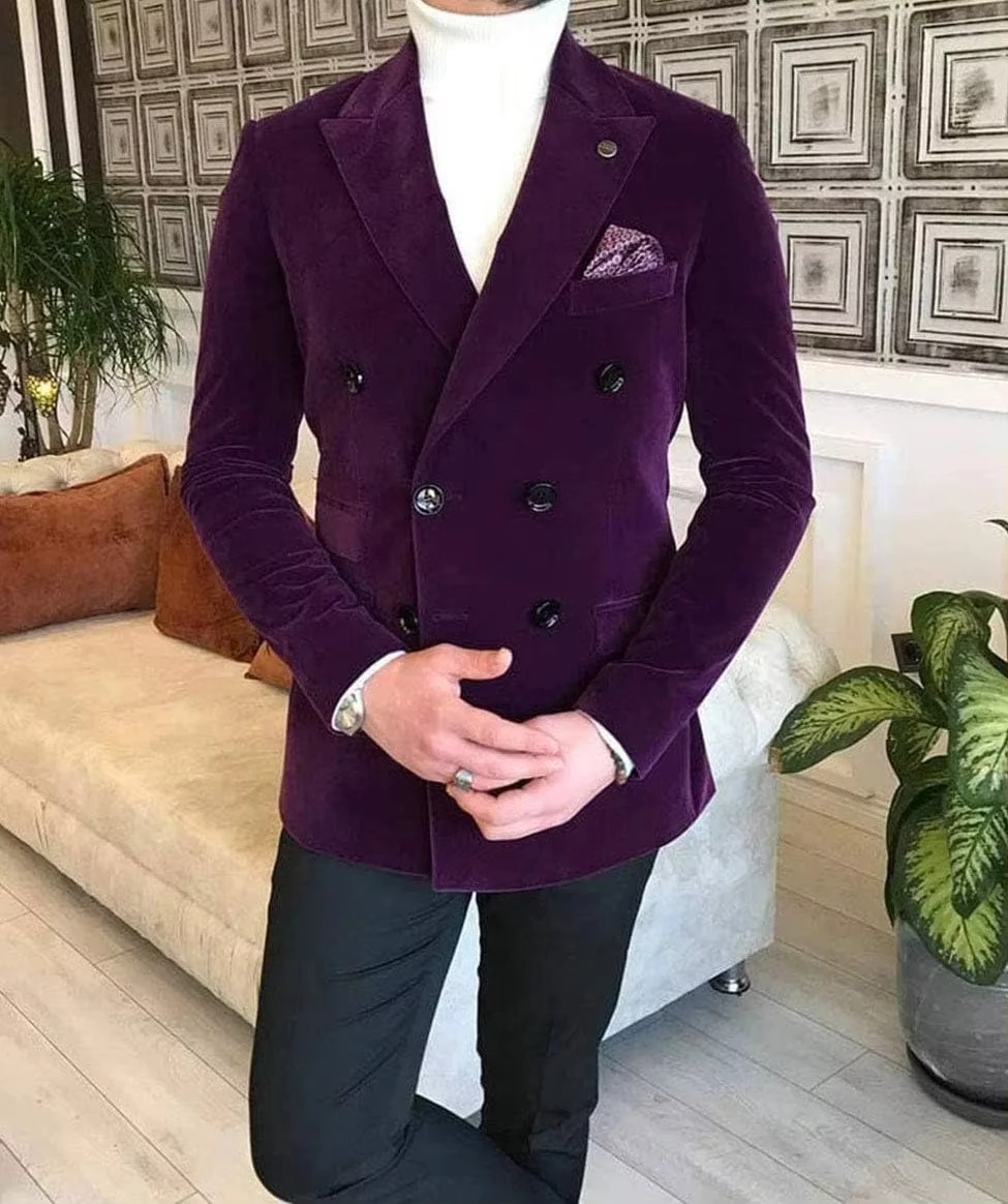 Slim Fit Velvet Suits for Men 2024 Peak Lapel Double Breasted Blazer Customized Wedding Party Formal Occasion Groom Plus Size
