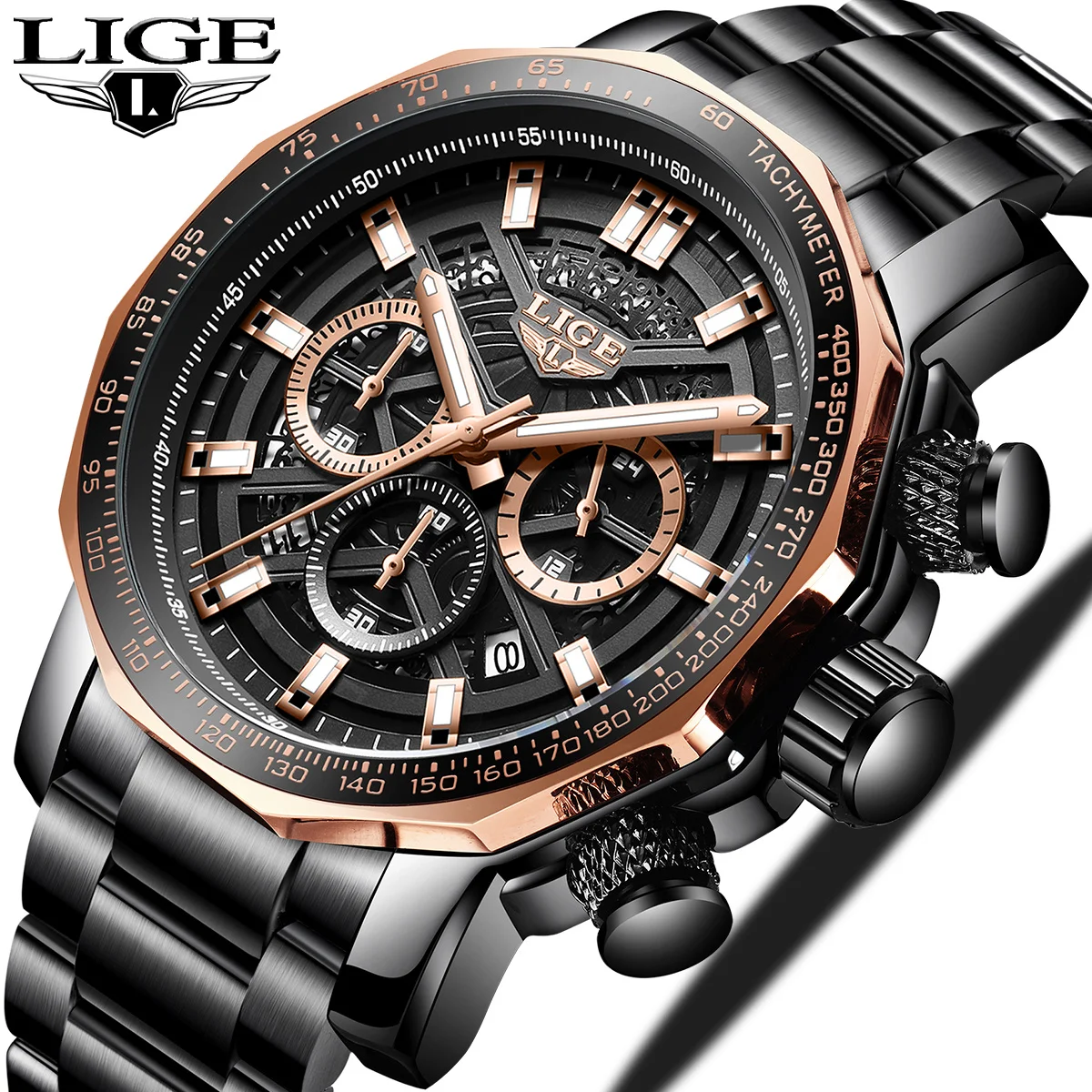 

LIGE Luxury Man Watch Fashion Luminous Business Calendar Quartz Wristwatch Waterproof Stainless Steel Chronograph Men's Watches