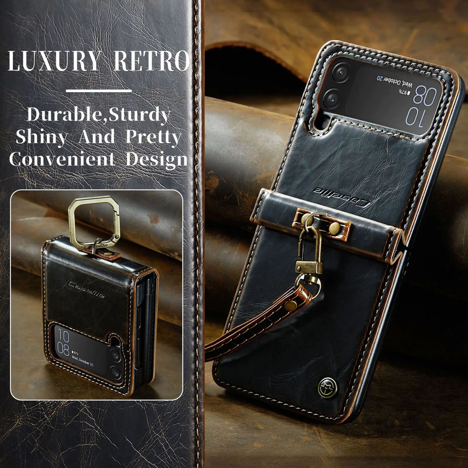 Retro Leather Ring Case for Samsung Galaxy Z Flip 5 4 3 5G Luxury Shockproof Holder Cover Flip4 Stand Skin Strap Coque Fundas