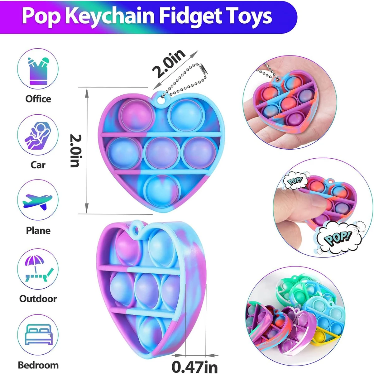 30pcs Pop Keychain It Fidget Toys Bracelet Heart Key Ring Rainbow Sensory Toys Set Pack Bulk Classroom Prizes Party Favors