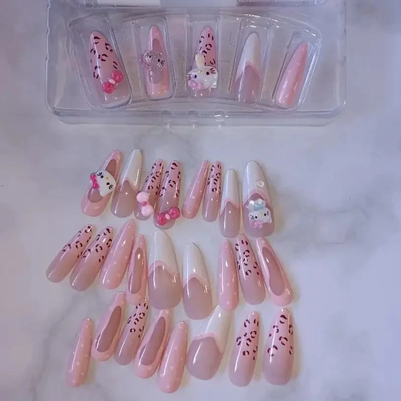 SANRIO 30pcs Hello Kitty Press-On Nails Set Medium Almond Pink French False Nails Leopard & Bow Accents for Daily Wear & Parties