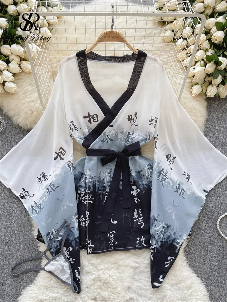 

SINGREINY Print Mesh Erotic Cardigan Shapewear Suits Fashion V Nek Loose Long Sleeve Robes Women Cosplay Sexy Lingerie Sets