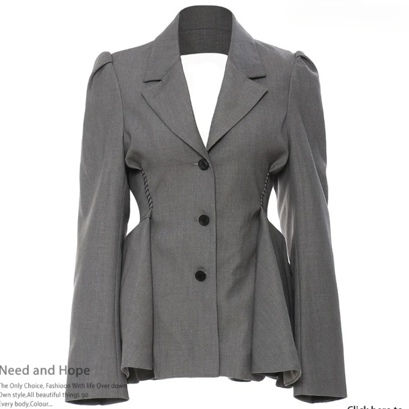 

2026 New Backless Lotus Leaf Hem Suit Waist-cinching Slimming Coat Fashionable Solid Color Suit Jacket for Women Waist Skirt Top