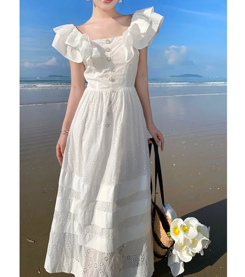 White Elegant Women Dress Summer Vacation Sleeveless Vintage Women's Clothing Hollow Out Runway Design Vestidos Ruffles