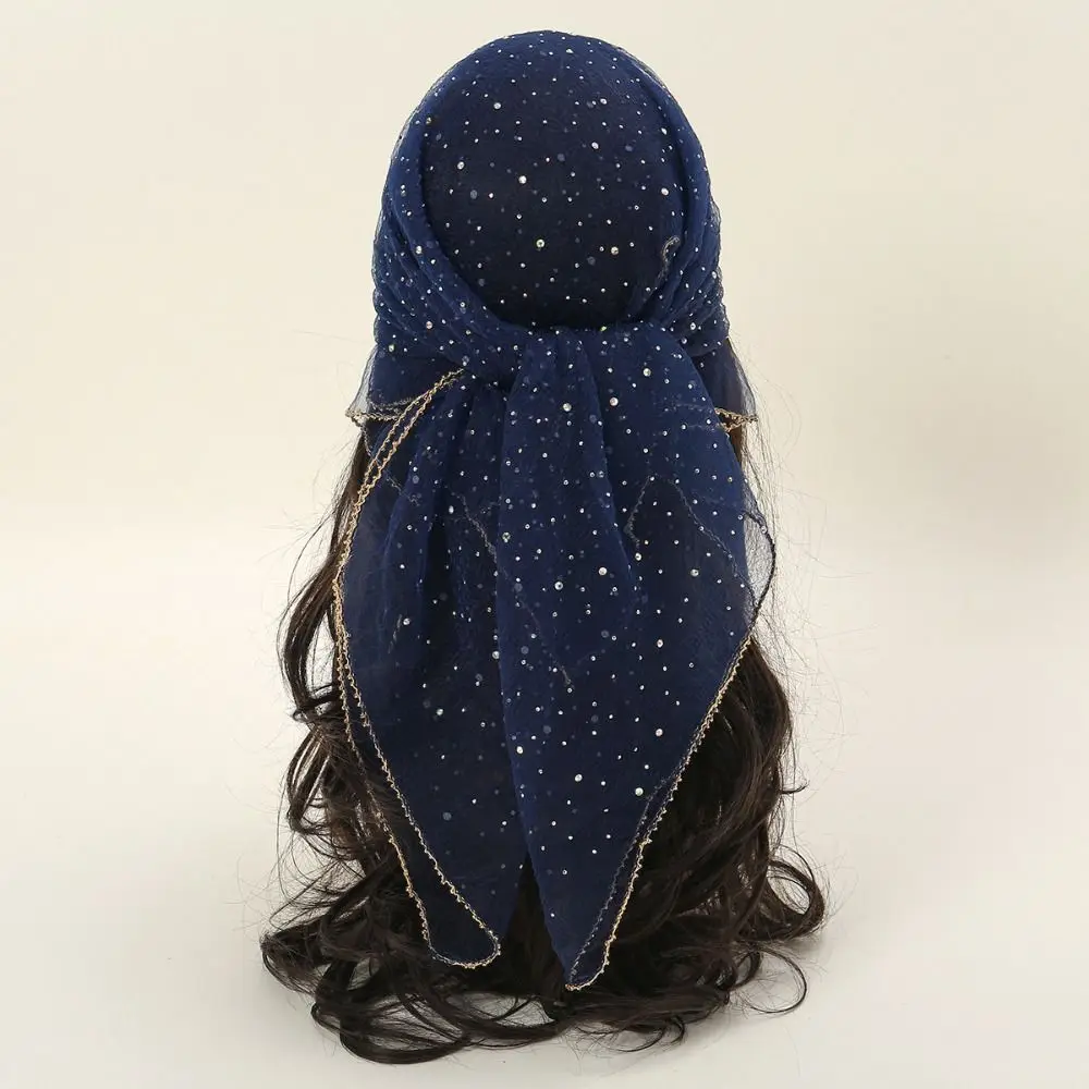 Elegant Sparkle Hotfix Rhinestone Square Scarf Sequin Gold Trim Mesh Bandana Hair Wrap Lace Trim Lace Shawl Headband Summer Wear