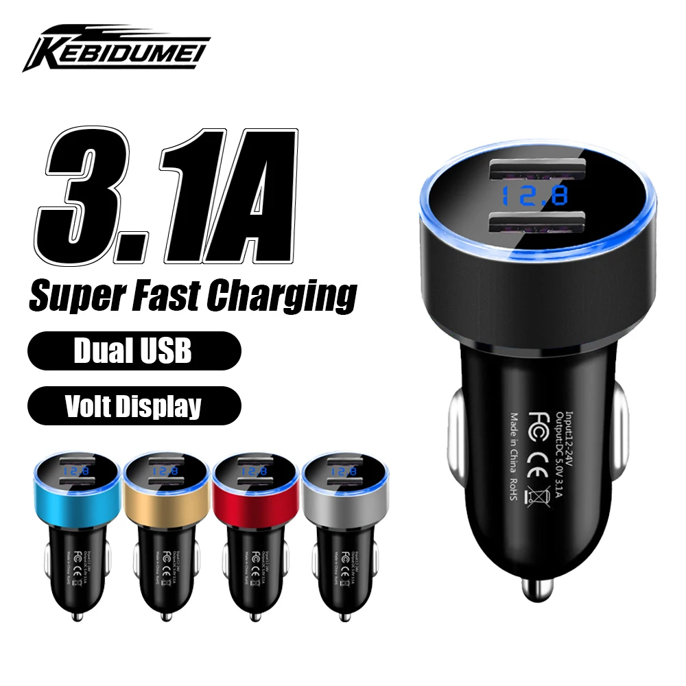 KEBIDUMEI 3.1A Car Charger with LCD Voltmeter Display Dual USB Cigarette Lighter Socket 2 Ports Power Adapter Car Accessories