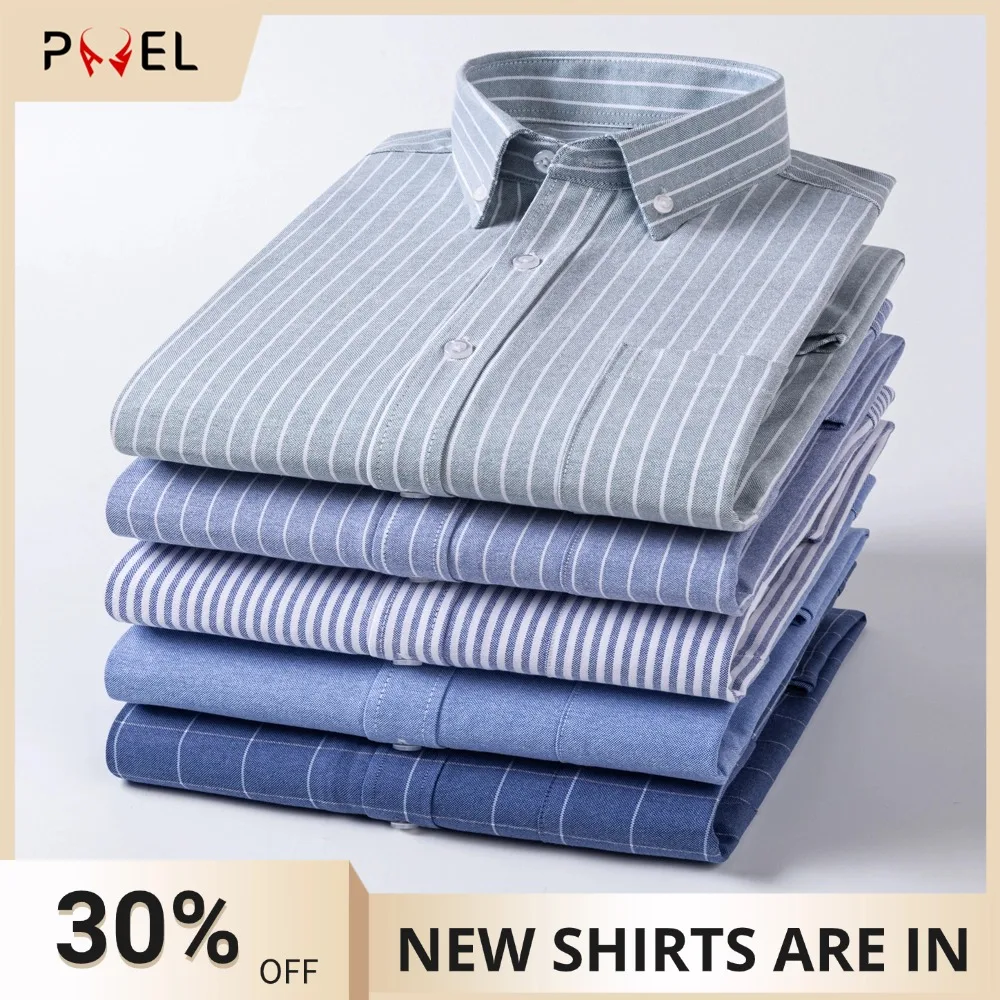 Men's Oxford Long Sleeve Multicolor Striped Plaid Dress Shirts Thick Cotton 100% Spring Fall Versatile Casual Button-Down Shirt