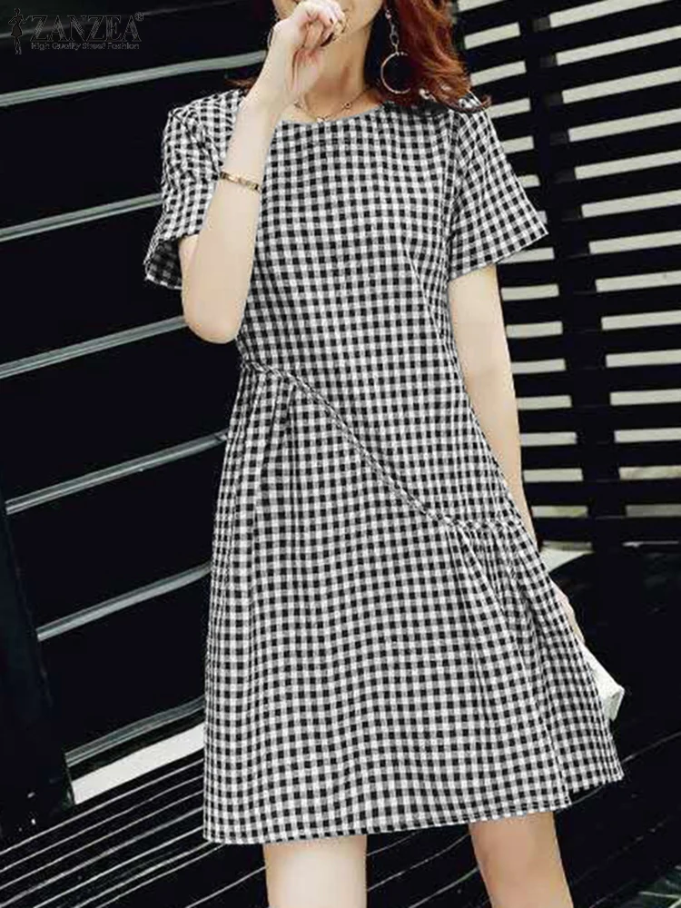 ZANZEA Modna Letnia Sukienka w Kratę Vintage Damskie Sukienki 2025 Codzienna Sukienka na Rękawach Krótkich do Pracy Sukienka Letnia do Kolan Szata Vestidos