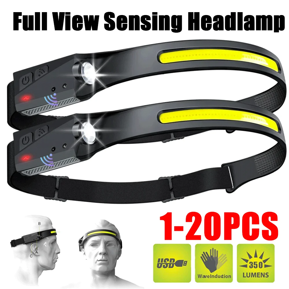 1~20Pack Headlamp USB Rechargeable LED Sensor Flashlight XPE+COB Torch Camping Waterproof Headlight for Fishing Lantern