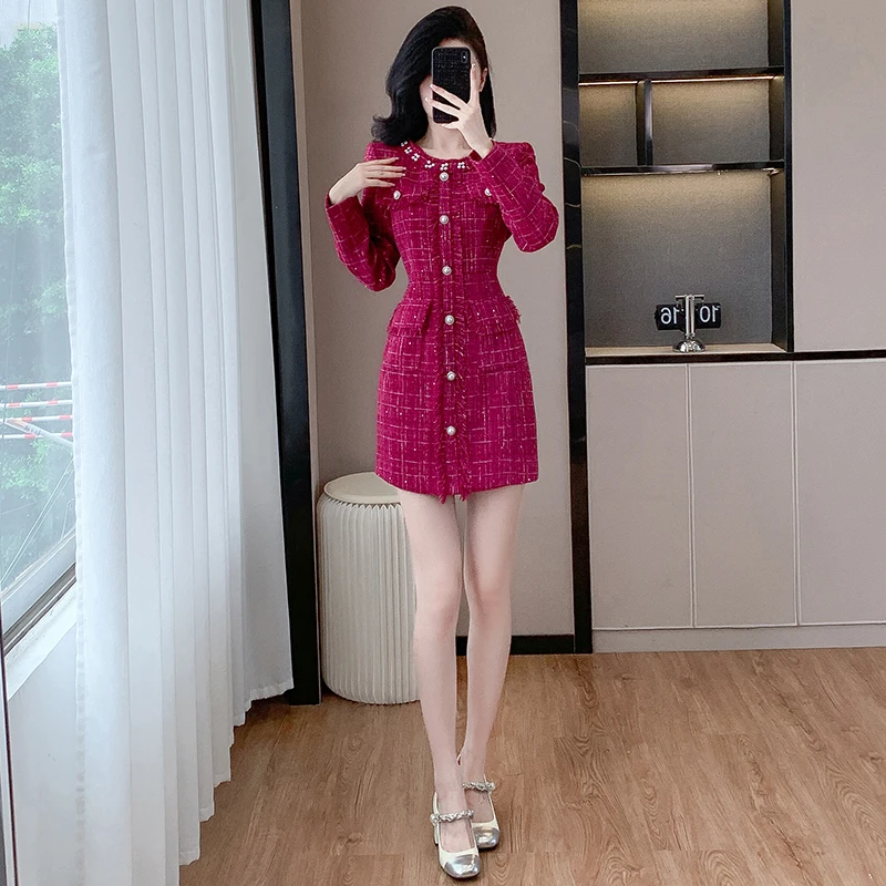 New High Quality Rose Red Plaid Tweed A Line Dress Fashion Women Autumn Pearls Beaded Tassel Long Sleeve Slim Bodycon Vestidos
