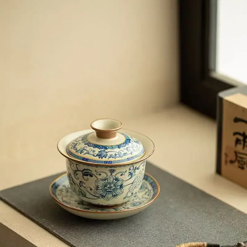 130ML New Huang Ru Kiln Opening Twisted Lotus Cover Bowl Sancai Cover Bowl Tea Bowl Ceramic Teacup Retro Kung Fu Tea Set Gifts