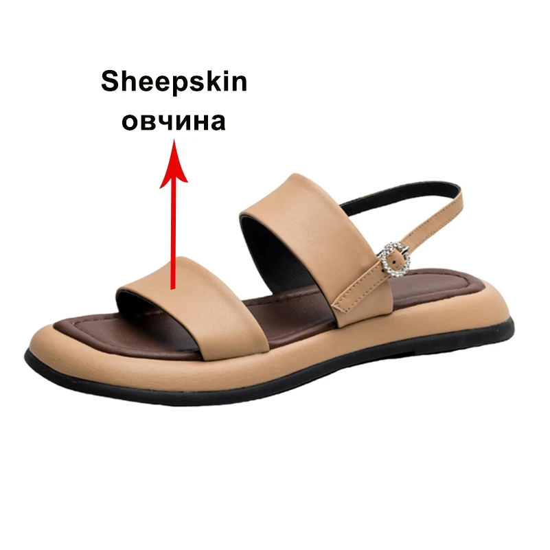 Meotina Women Genuine Leather Sandals Round Toe Flats Sheepskin Buckle Platform Ladies Fashion Shoes Summer Apricot Beige 41