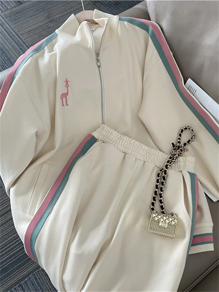 

Модный повседневный комплект в стиле колор-блок, свободный крой, спортивная одежда для мужчин и женщин, осенне-зимний стиль, стройнящий костюм-двойка