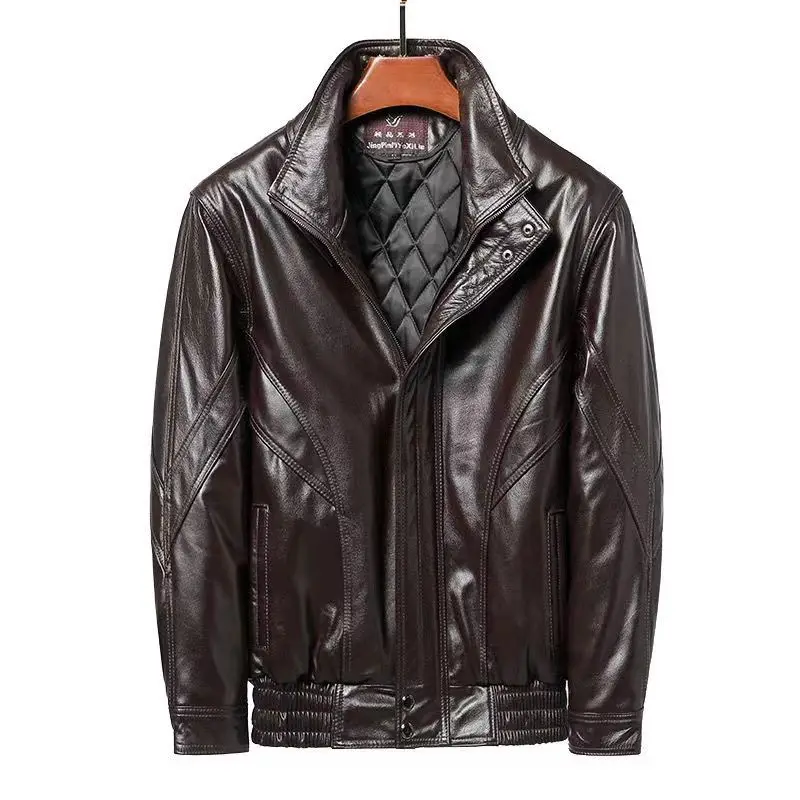 Stand Collar Real Leather Slim Jacket Coat 2024 New Autumn Winter  Men\'s Casual Fashion Trendy    T725
