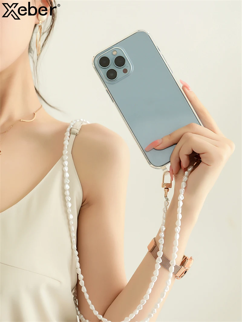 Luxury Crossbody With Lanyard Jewelry Pearl Chain Clear Holder Phone Case For iPhone 16 15 14 12 11 13 Pro Max XS 8 Plus Cover