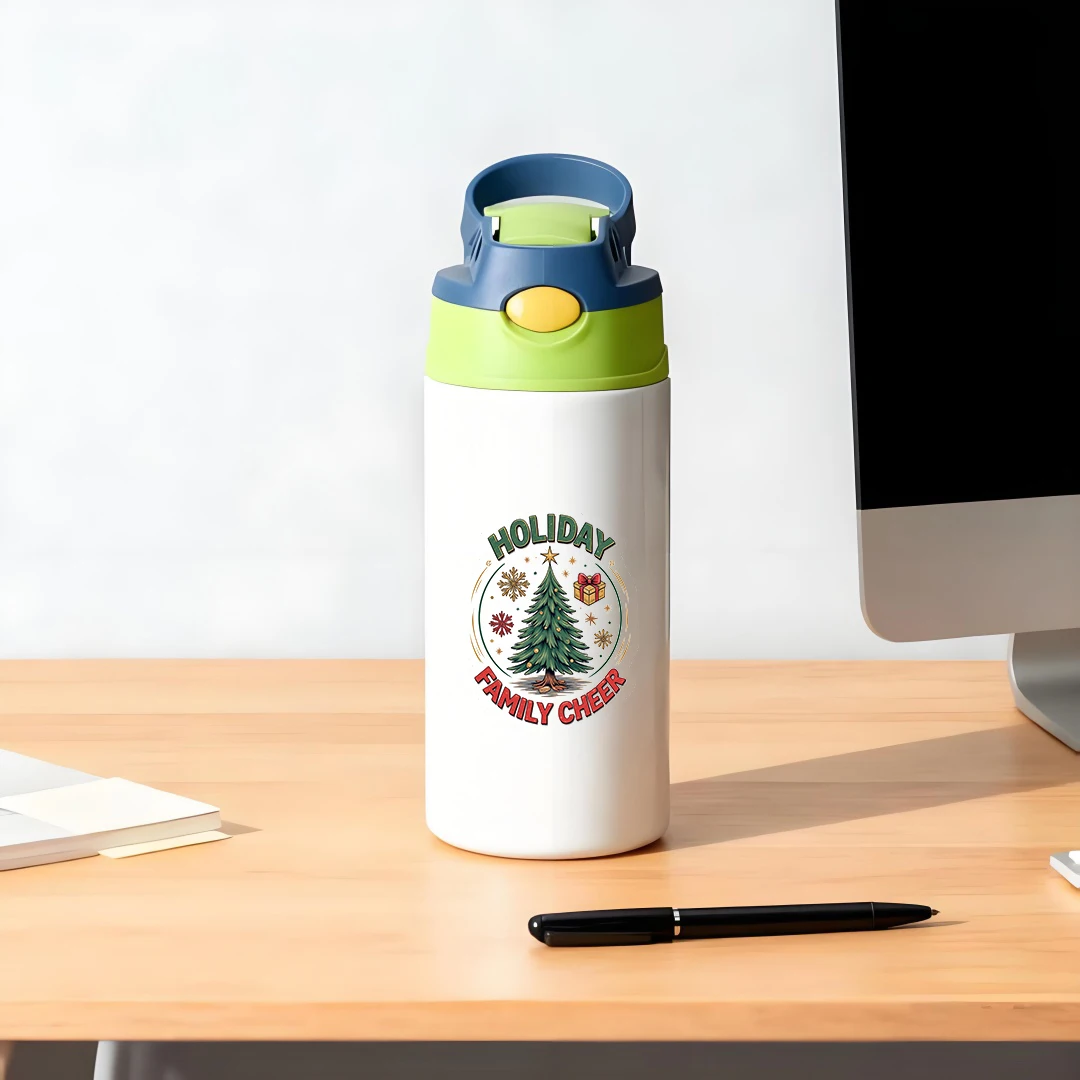 Isolierter Becher aus Edelstahl 304, + Cartoon-Weihnachtsbaum-Aufkleber + Strohbecher für Kinder, Weihnachts-Eltern-Kind-Geschenkset