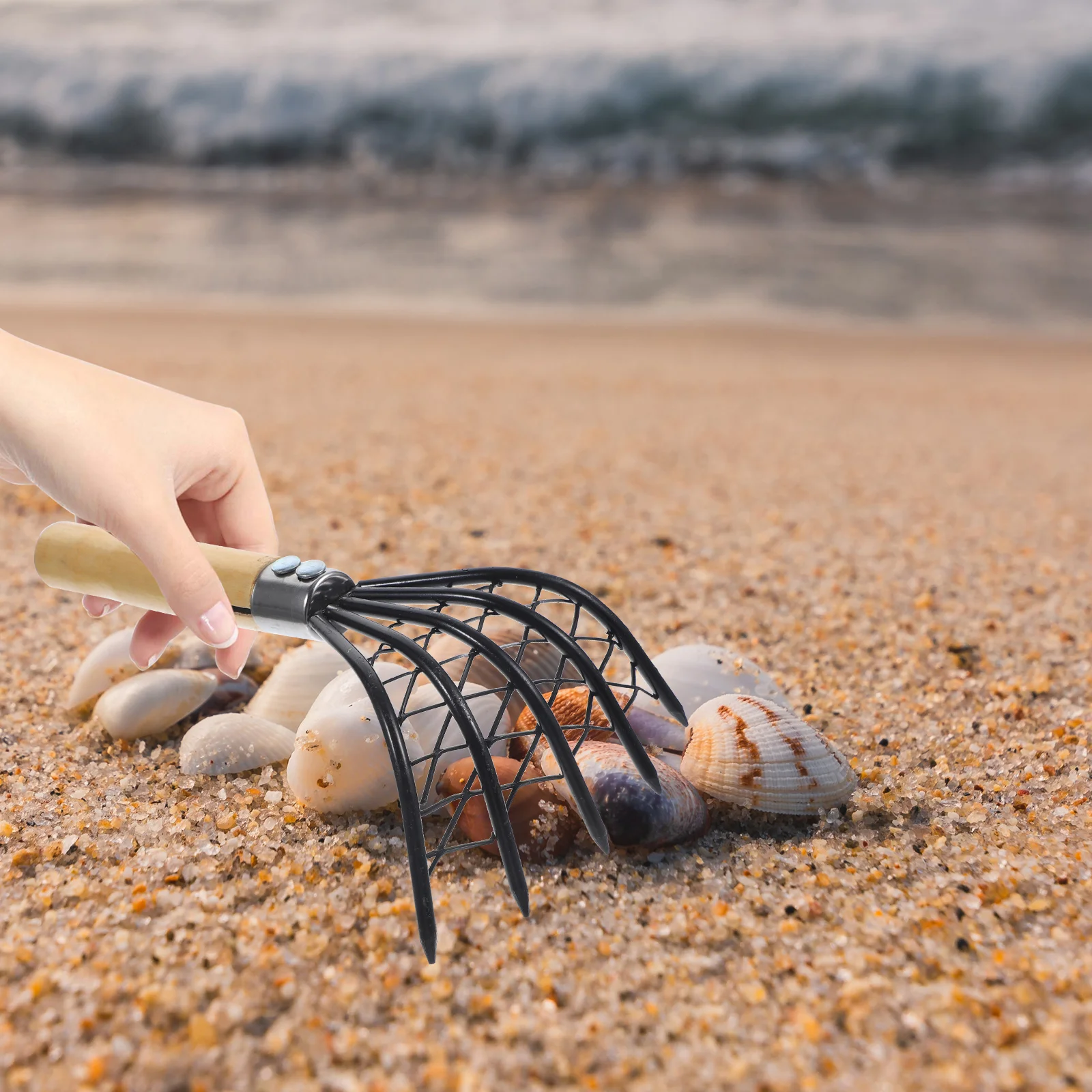 

Stainless Steel Clam Rake Seaside Beach Digging Wood Handle Scraper Tool Net Seafood