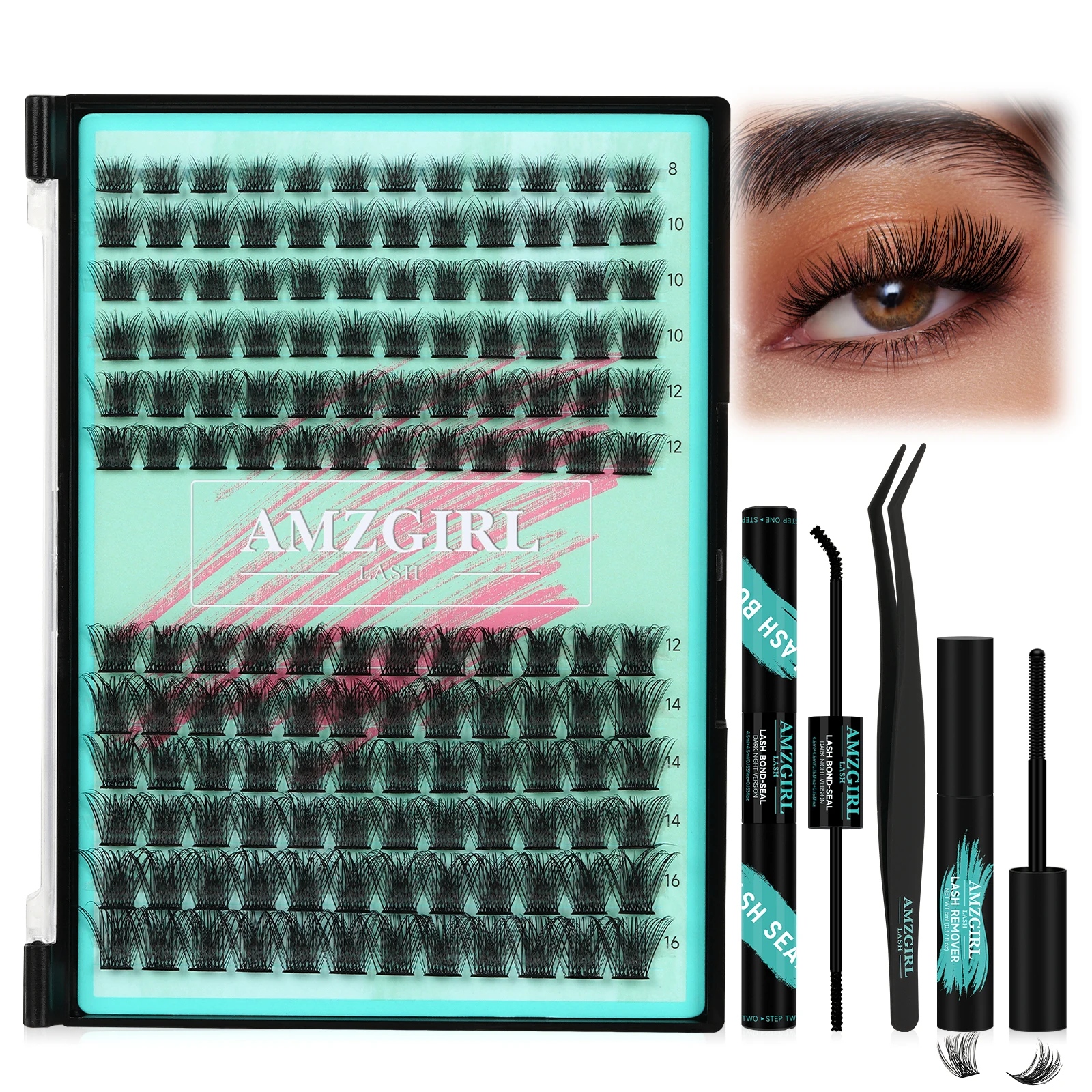 Amzgirl Lash 144pcs DIY Lashes Extensions Kit with Bond and Seal Tweezer and Remover Lash Kit DIY Cluster Lashes Fullfy Lashes