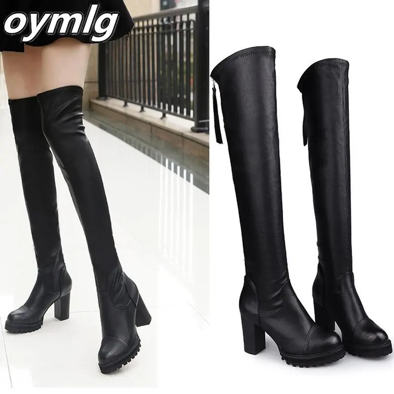 New Autumn Winter Women\'s Pu Leather Over The Knee Boots Back Zip Thick High Heel Platform Thigh Boots Ladies Fashion Shoe Black