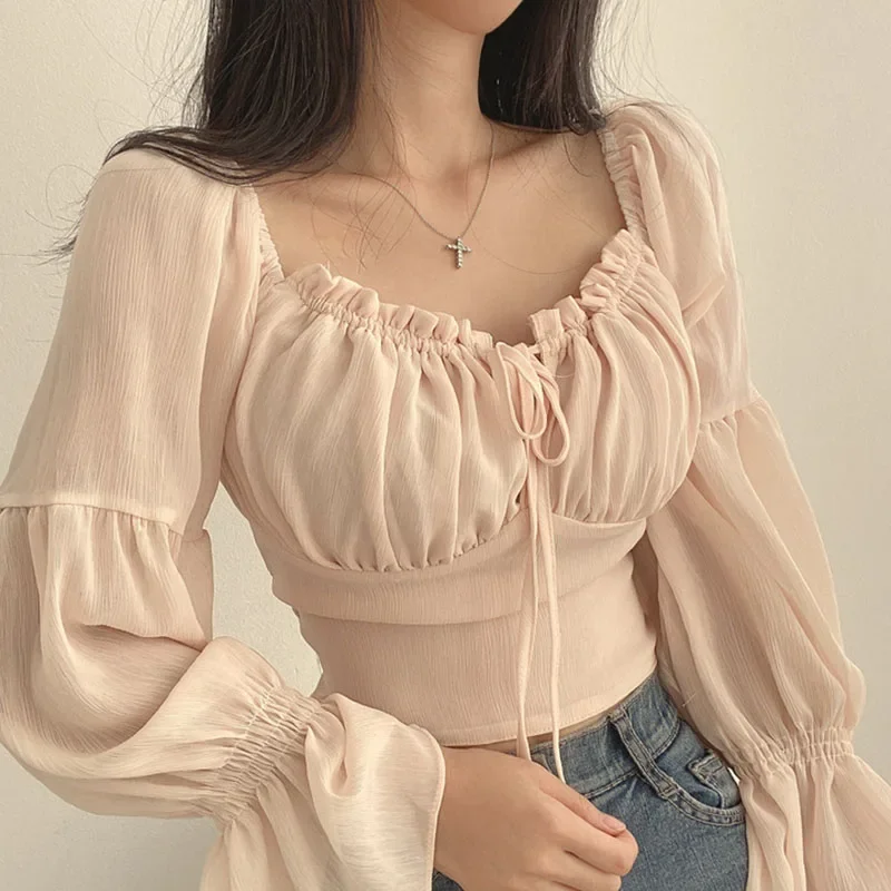 Korean Style Chiffon Blouse with Ruffled Sleeves and Waist Tie, Short Shirt with French Sexy Strap Square Neckline for Women