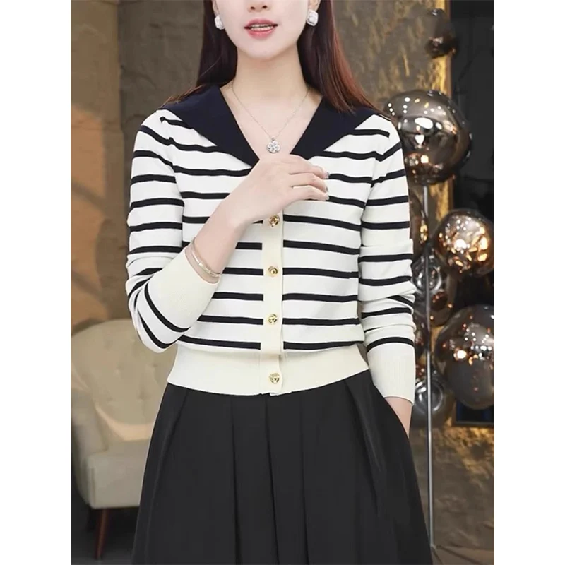 Office Lady Fashion Striped Knitted Cardigan Autumn Winter Knitted Casual Single Breasted Sweaters Women Chic V-neck Knitwear