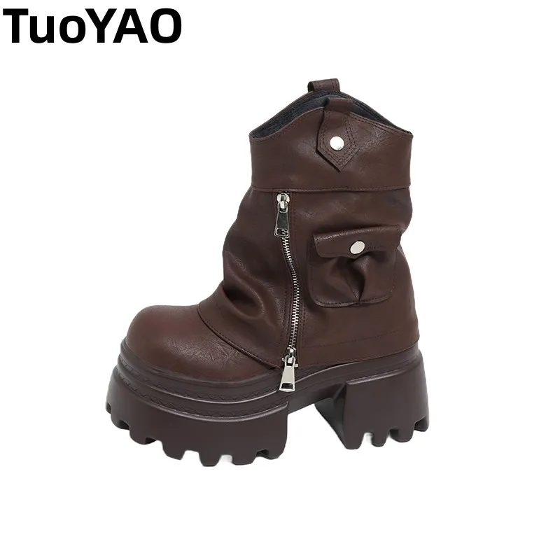 

Soft Leather Ankle Mid Calf Boots High Platform Slip-On British Booties Winter Autumn 10CM New Ladies Chunky Motorcycle Boots