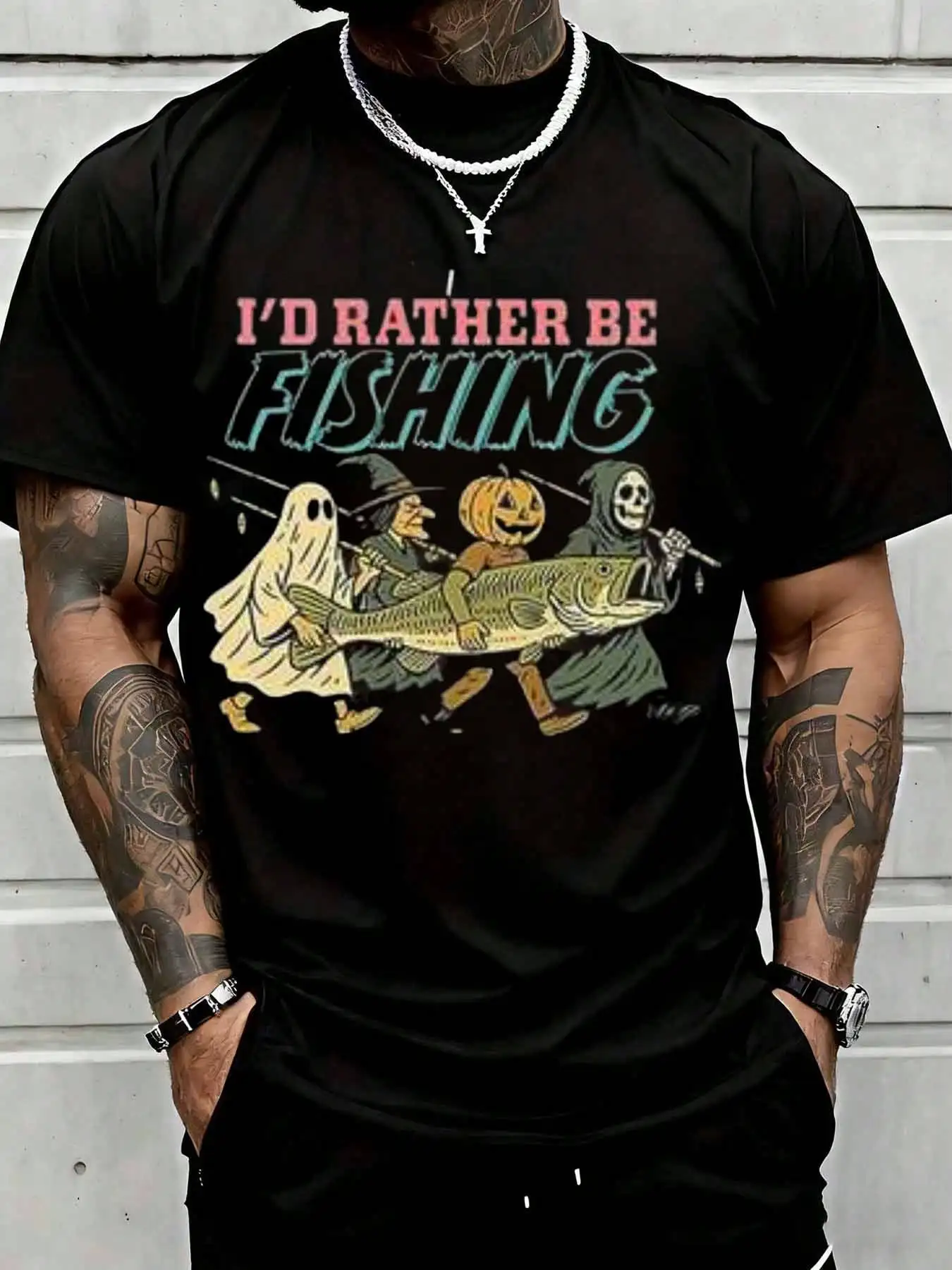 I'd Rather Be Fishing Halloween Ghost Witch Pumpkin Skeleton Fish Graphic Tee Shirt Funny Holiday Humor Top Suitable For Casual Sports Wear