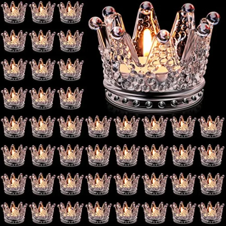 

48 Pcs Crown Tealight Candle Holders Glass Clear Votive Holders Tealight Crystal Votive Candle Stand for Wedding Valentines Day