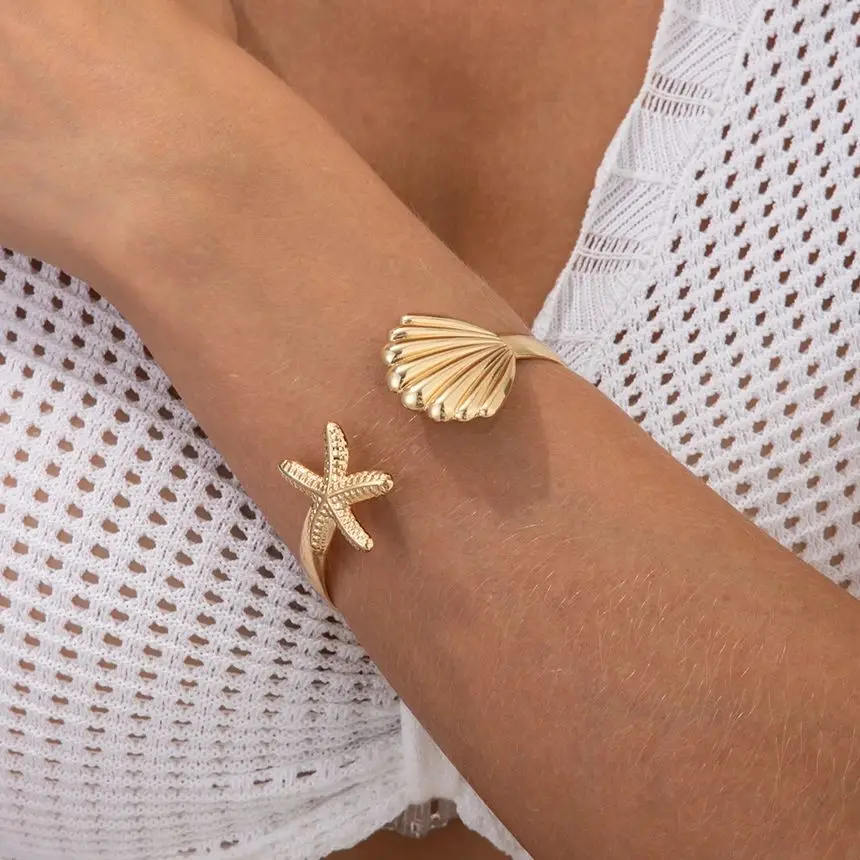 SHIXIN Bohemian Starfish Scallop Open Bangle for Women Fashion Smooth Metal Cuff Bracelet Hand Decoration Summer Beach Jewelry
