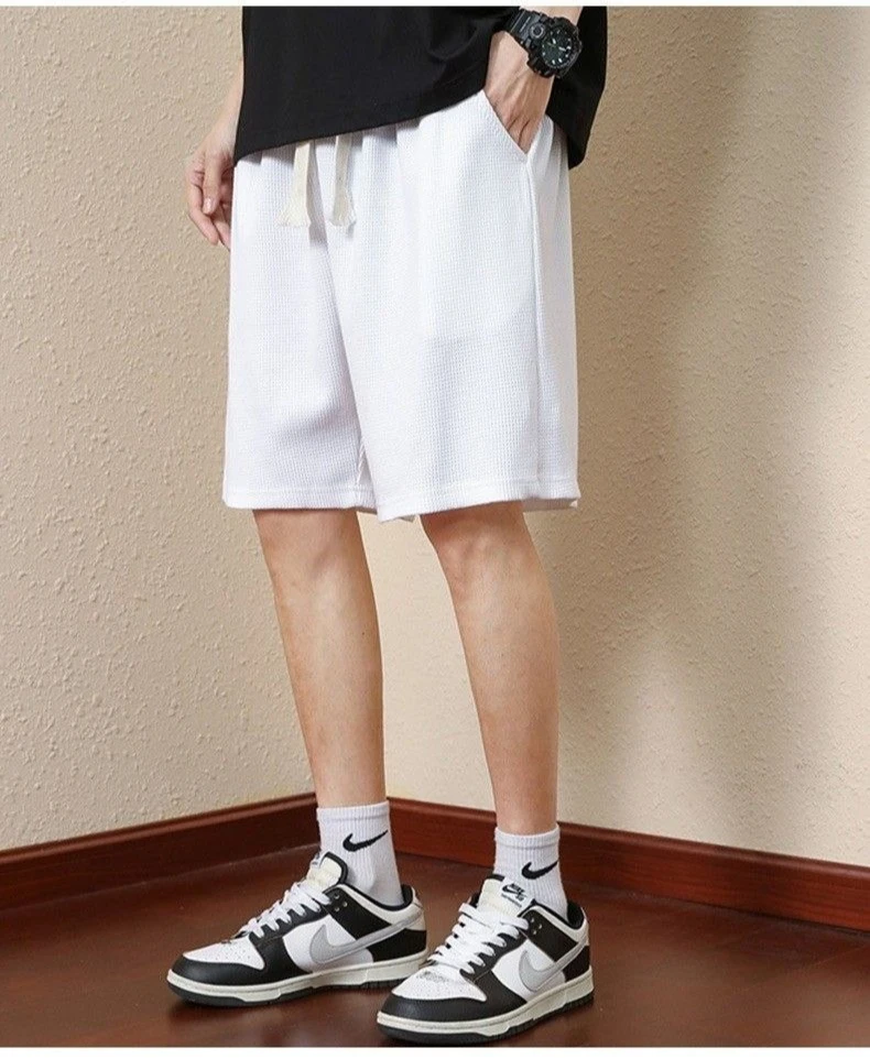 Einfarbige Sommer-Waffelshorts für Herren für lässige, lockere, atmungsaktive, dünne, Basketballsportarten, kurze Shorts, Strandhosen – Detail 12