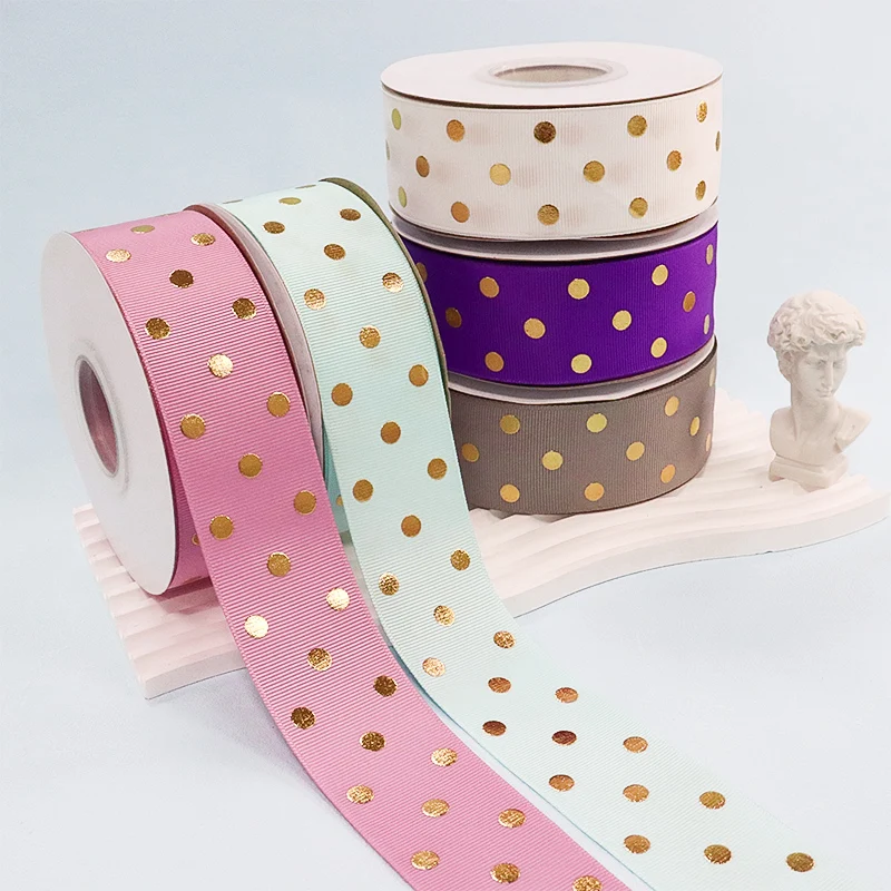 Wholesale 10Yards 38mm Gold Foil Polka Dots Printed Grosgrain Ribbon For Accessory Headwear Decoration DIY