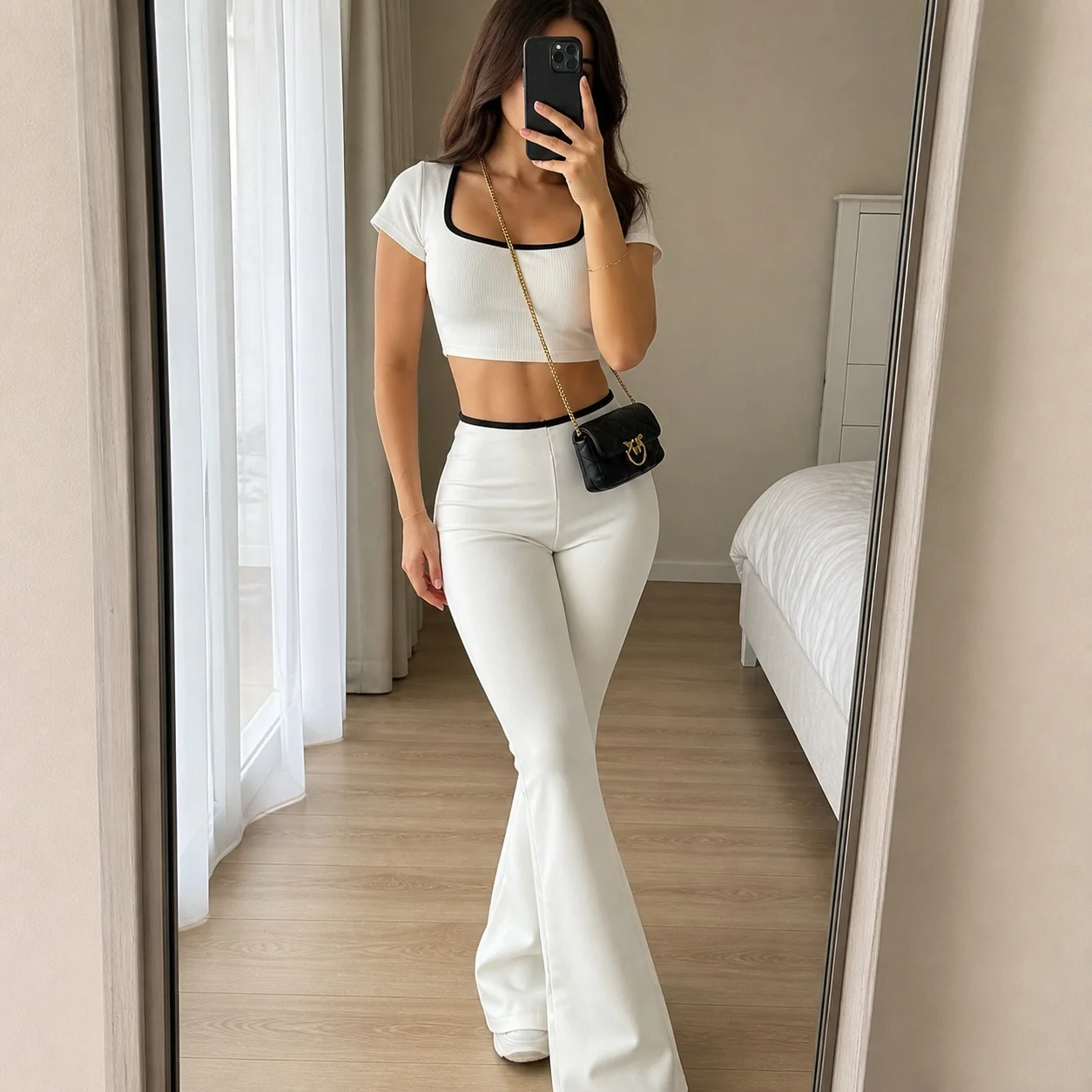 Women's Matching Sets Square Neck Three Quarter Sleeve Crop Top and Low Waist Flare Leg Slim Fit Knit Two Piece Set Woman