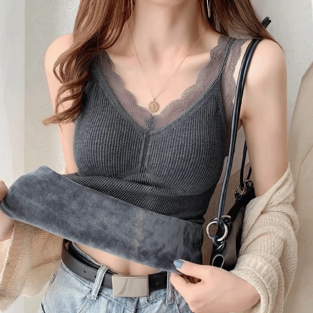 Sling Vest Top Lace Thermal Underwear Seamless Sleeveless Heating Cami Top Thicken Warm Plush Base Layer Vest Bottoming Clothing