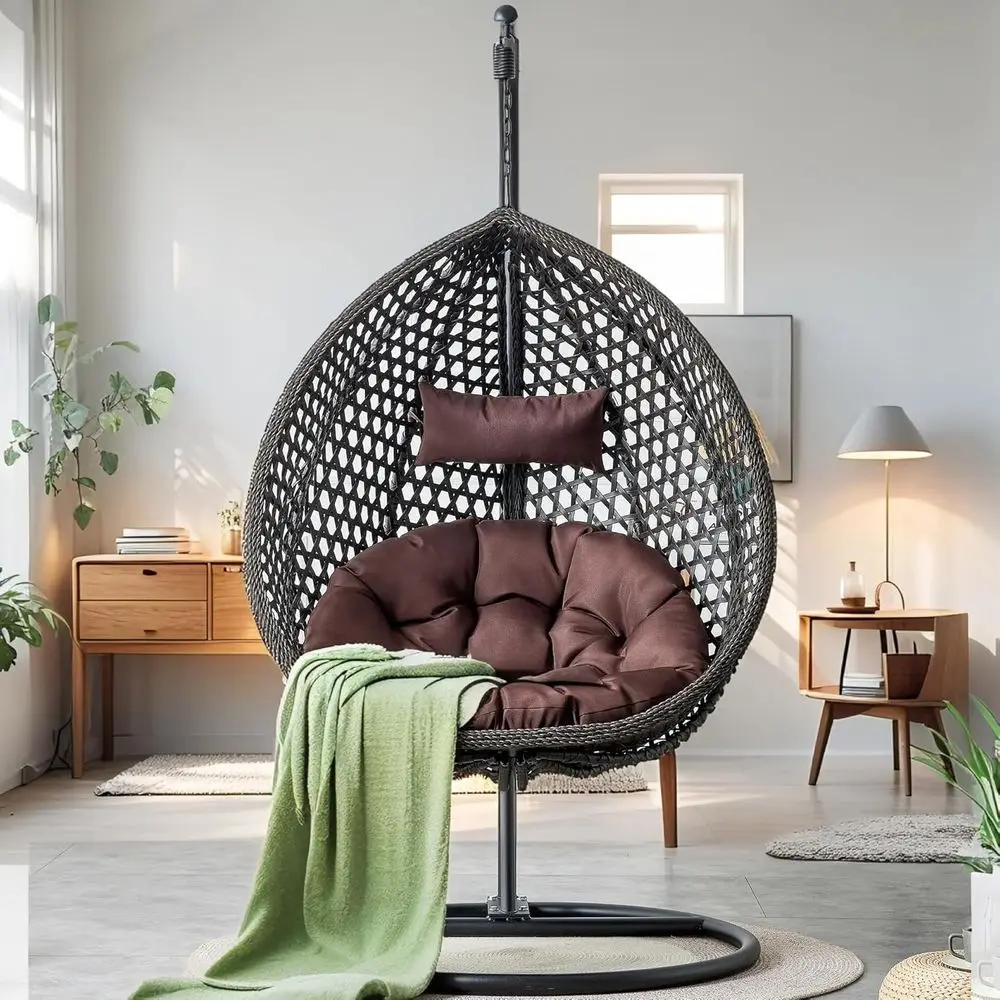 

Black Wicker Hanging Egg Chair with Cushion and Metal Base, Suitable for Indoor and Outdoor Use