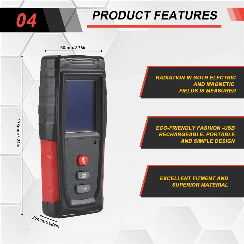 ABGN EMF mètre USB Rechargeable, détecteur de rayonnement pour champ électromagnétique et température précis pour les appareils ménagers